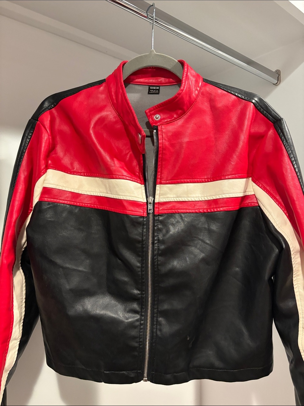 SHEIN Red, Black & Cream Colorblock Faux Leather Bomber